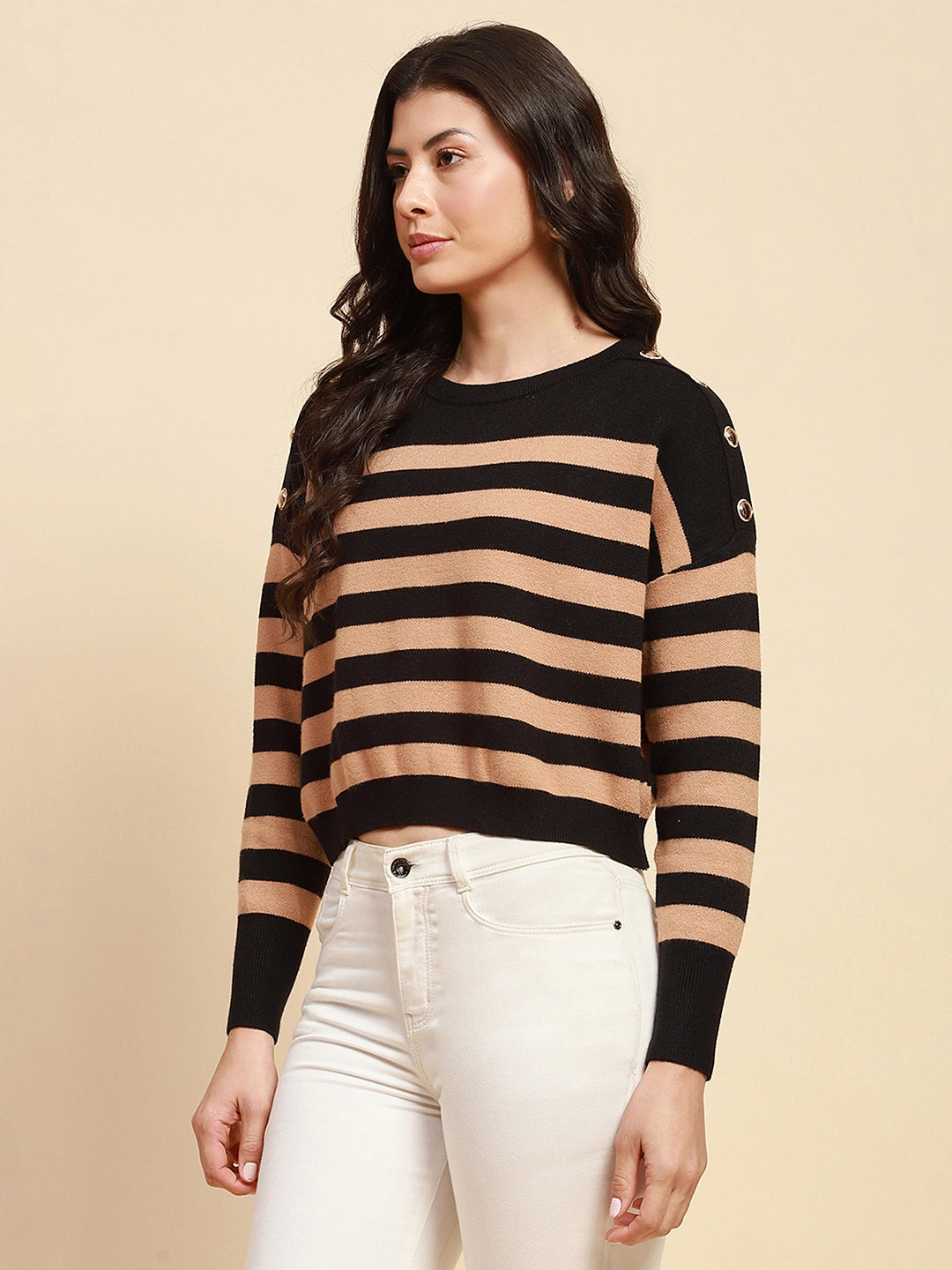 Beige Viscose Blend Boxy Fit Pullover For Women