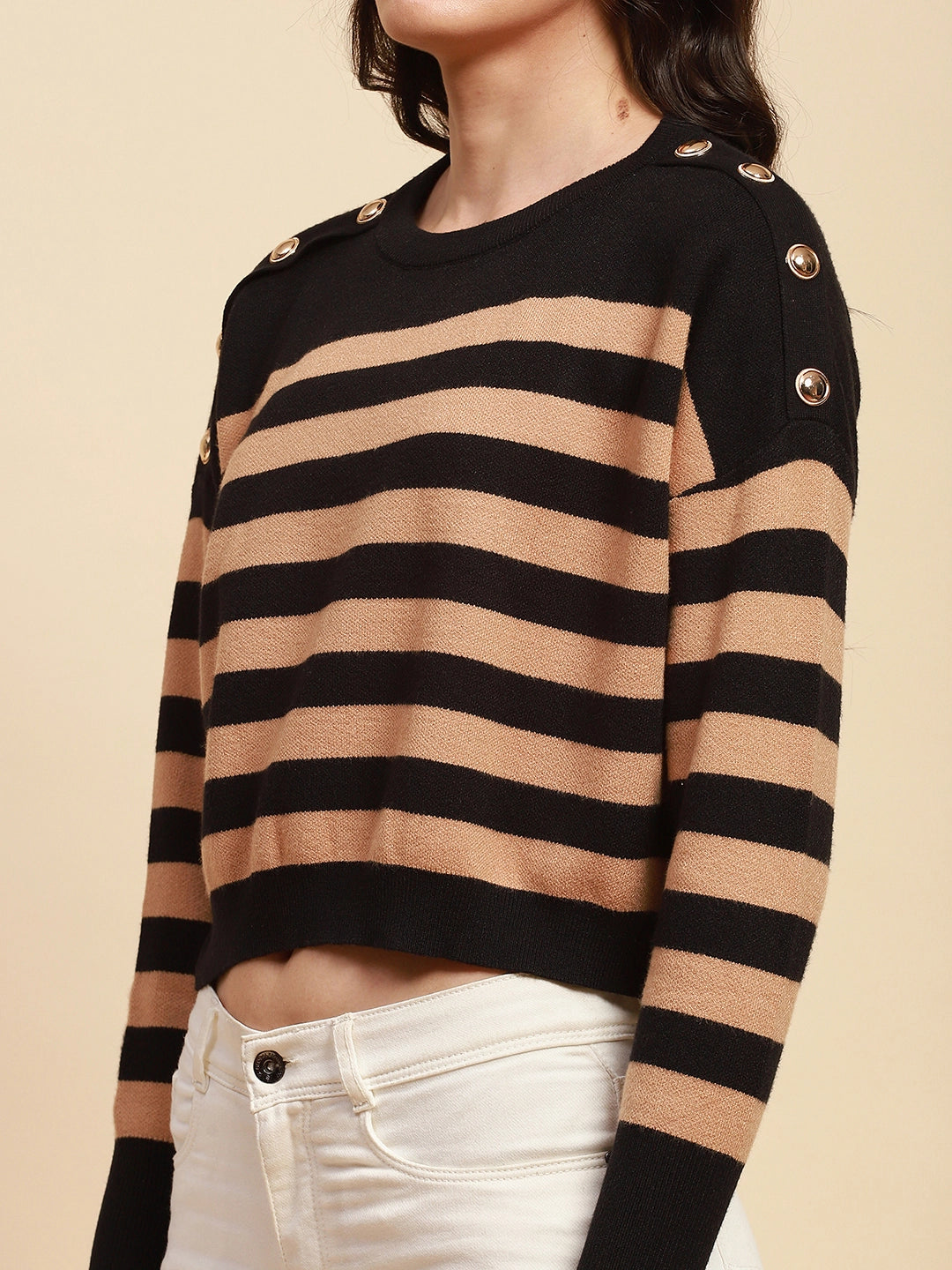 Beige Viscose Blend Boxy Fit Pullover For Women