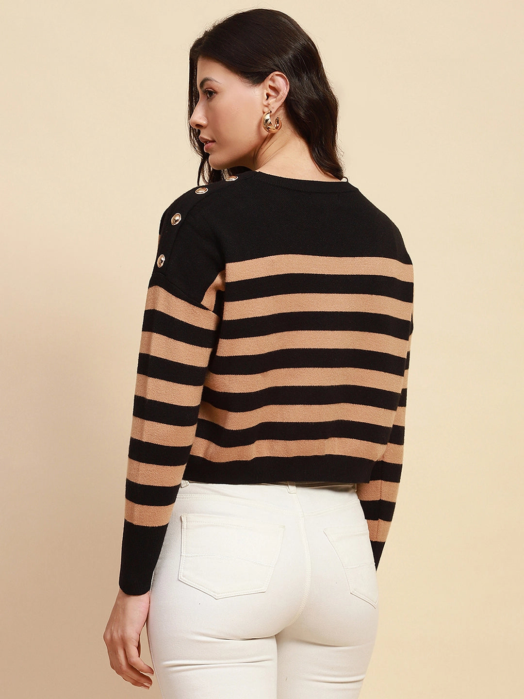 Beige Viscose Blend Boxy Fit Pullover For Women
