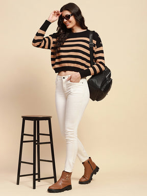 Beige Viscose Blend Boxy Fit Pullover For Women