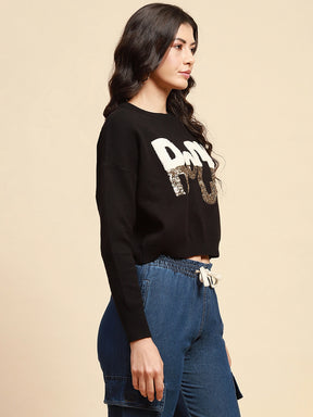 Black Viscose Blend Boxy Fit Crop Pullover For Women
