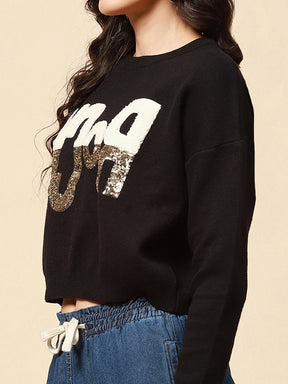Black Viscose Blend Boxy Fit Crop Pullover For Women