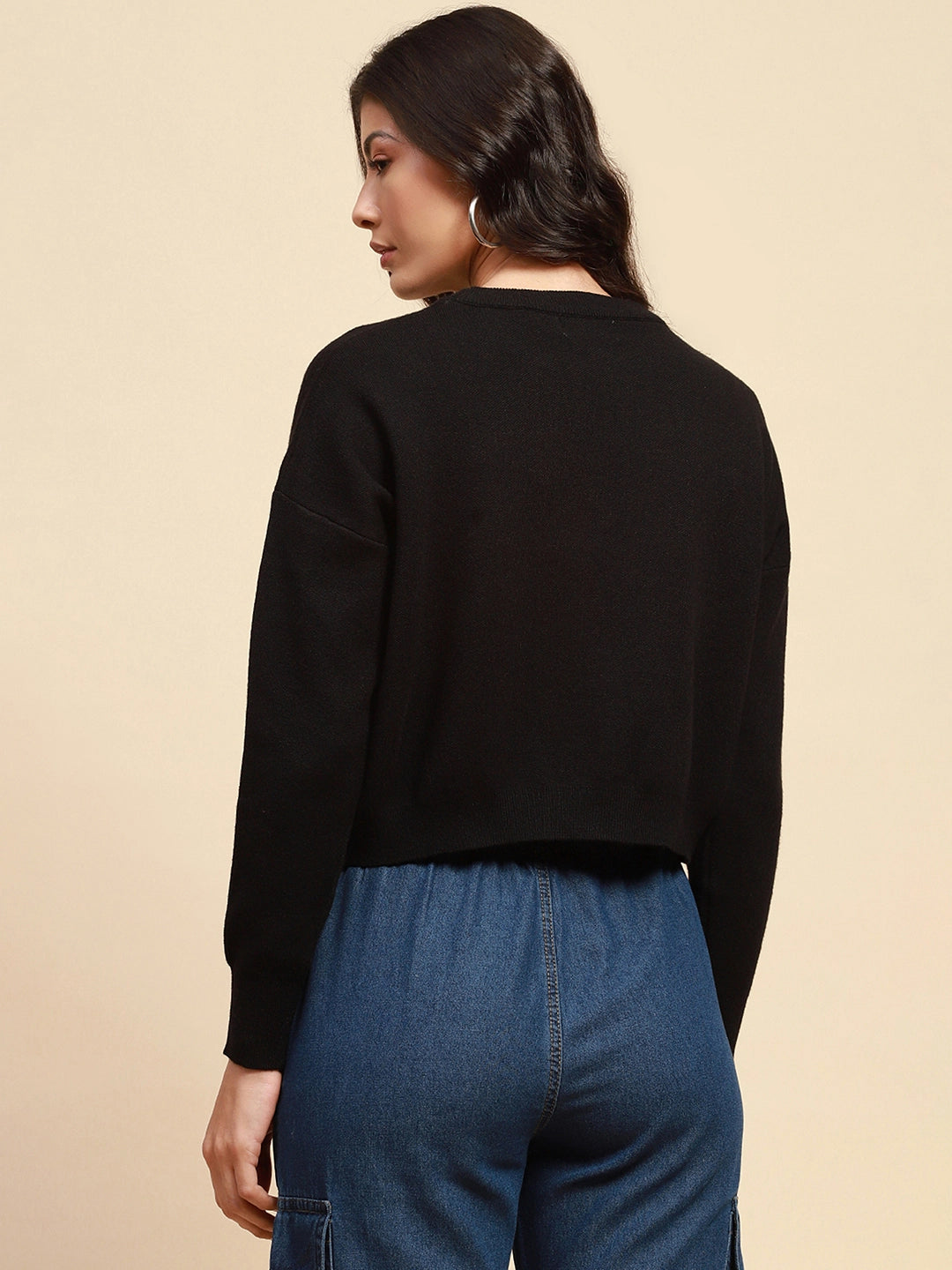 Black Viscose Blend Boxy Fit Crop Pullover For Women