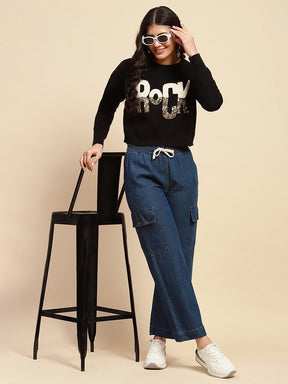 Black Viscose Blend Boxy Fit Crop Pullover For Women