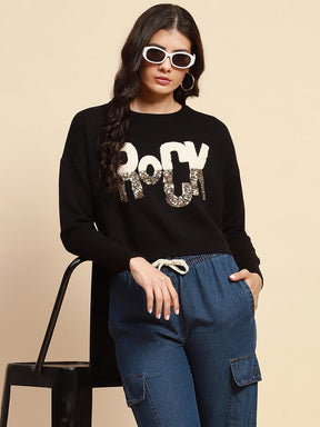 Black Viscose Blend Boxy Fit Crop Pullover For Women