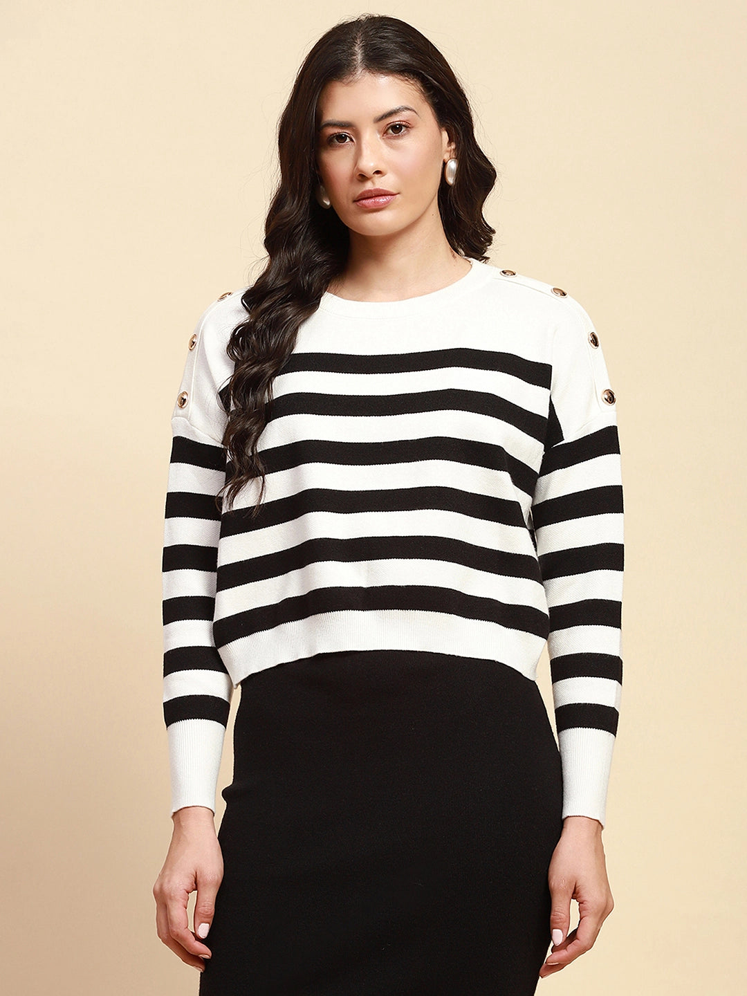 White Viscose Blend Boxy Fit Crop Pullover For Women-Combo Set Testing - Global Republic