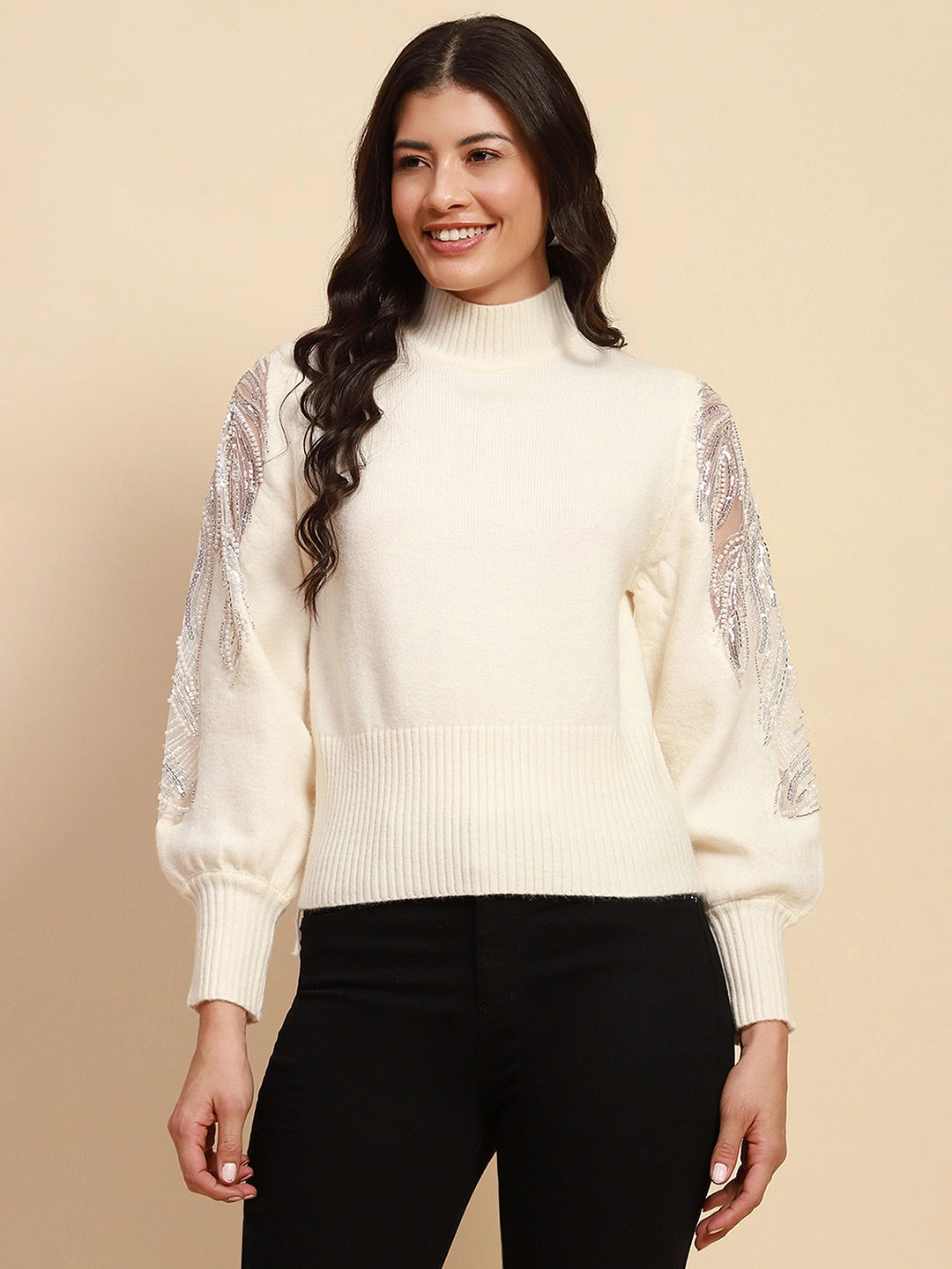 Off White Viscose Slim Fit Pullover - Global Republic