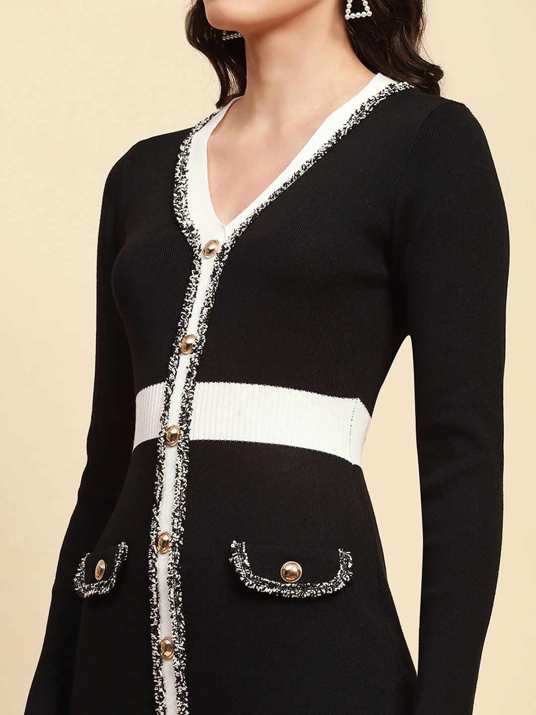 Black Viscose Blend Slim Fit Winter Body Dress For Women - Global Republic