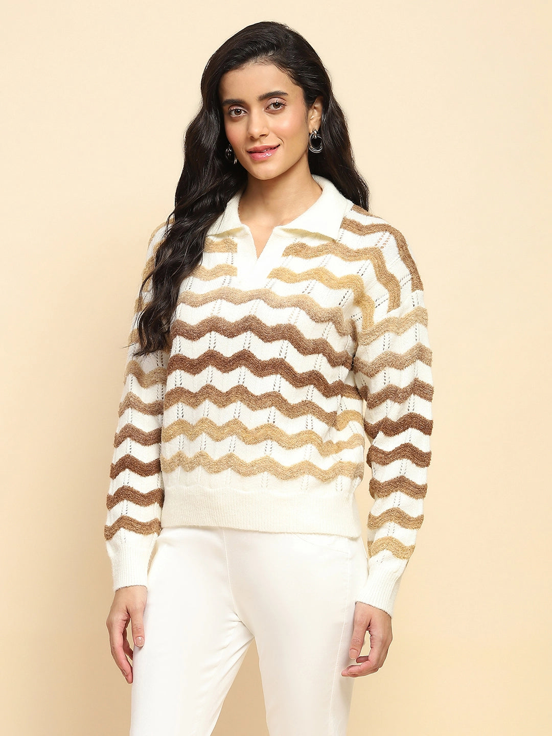 Brown Polyester Blend Regular Fit Pullover For Winter