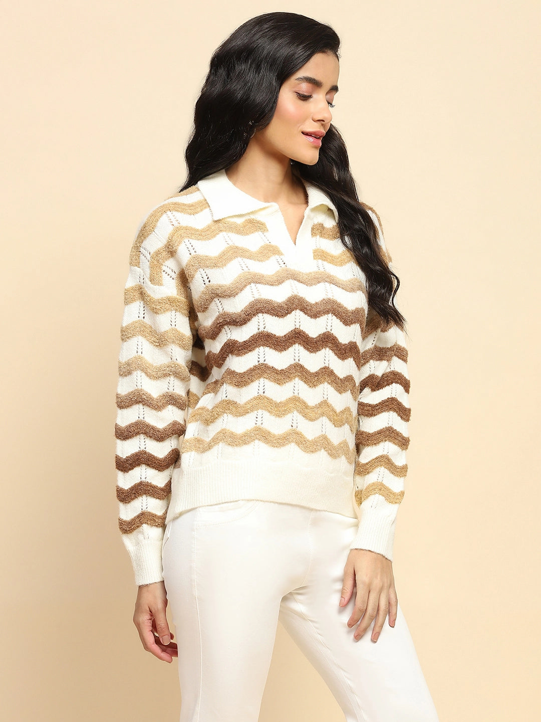 Brown Polyester Blend Regular Fit Pullover For Winter