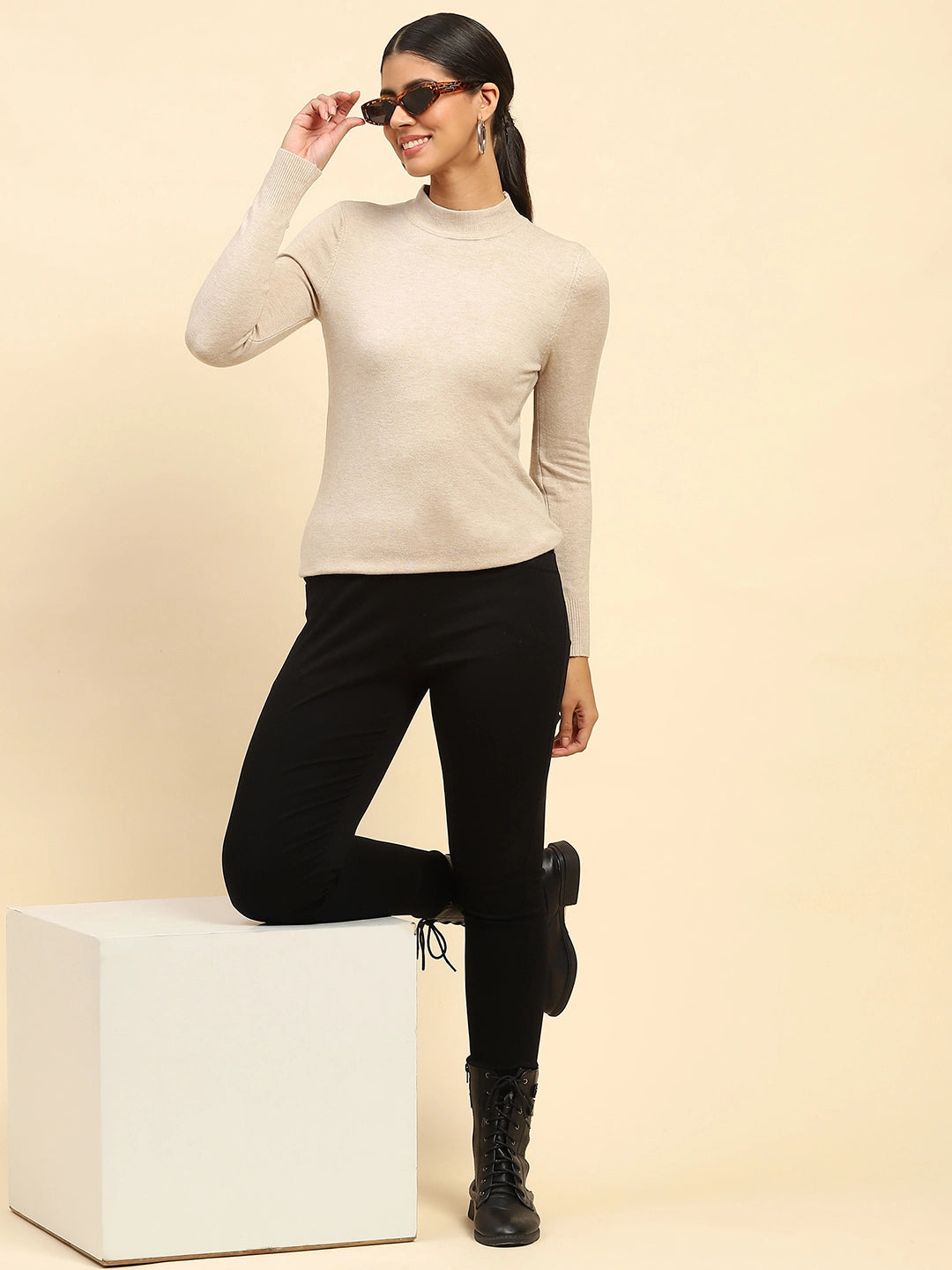 Beige Solid Wool Blend Pullover - Global Republic