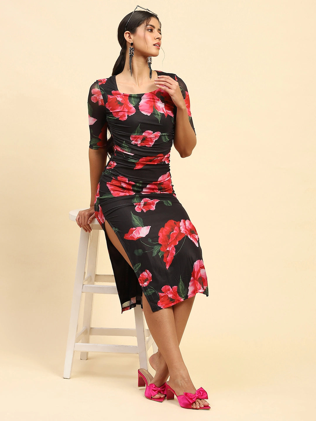 Black Floral Print  Stretchable Dress - Global Republic