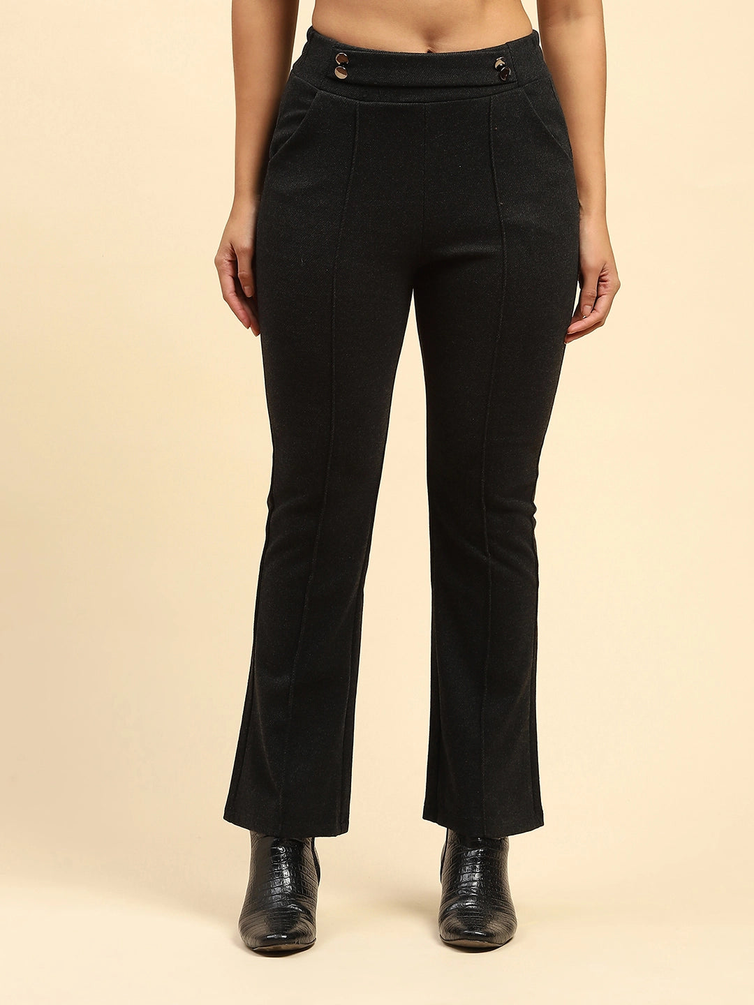 Black Solid  Viscose Winter Trouser - Global Republic