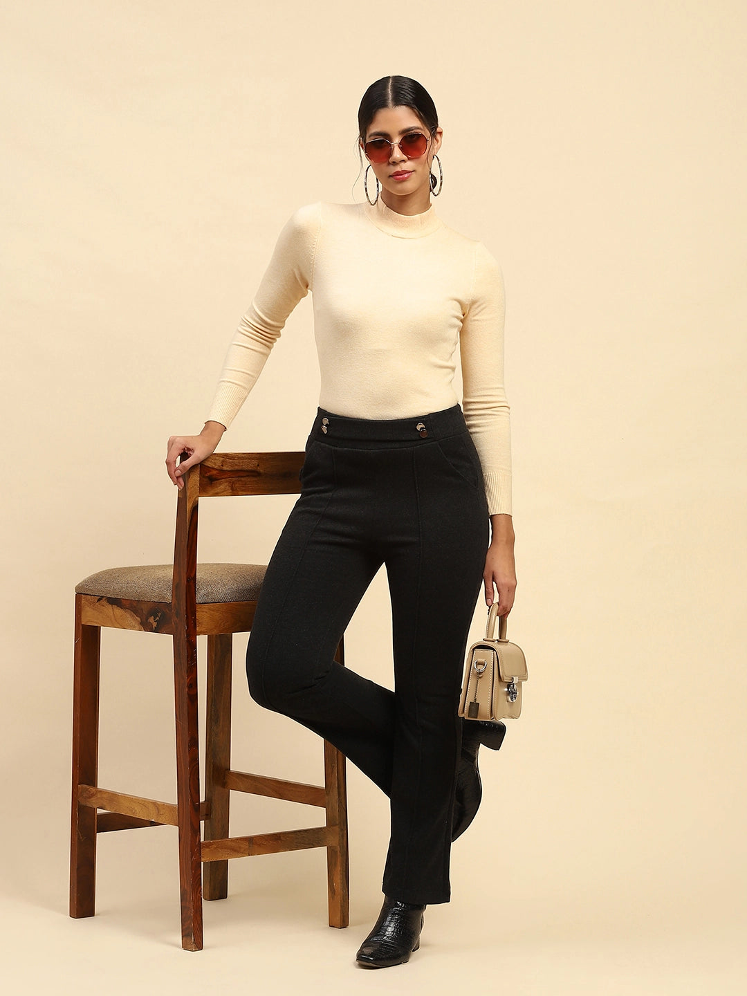 Black Solid  Viscose Winter Trouser - Global Republic