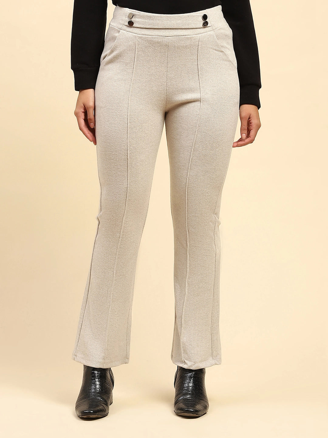 Ecru Solid  Viscose Winter Trouser - Global Republic