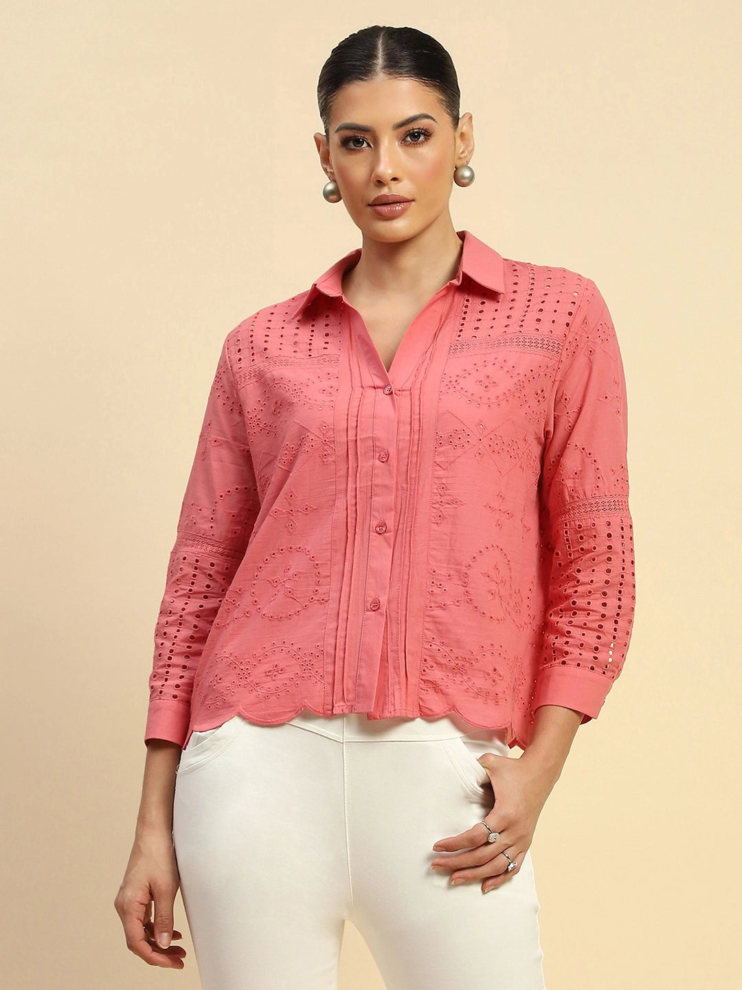 Schiffli  Embroidered Loose Fit Shirt - Global Republic