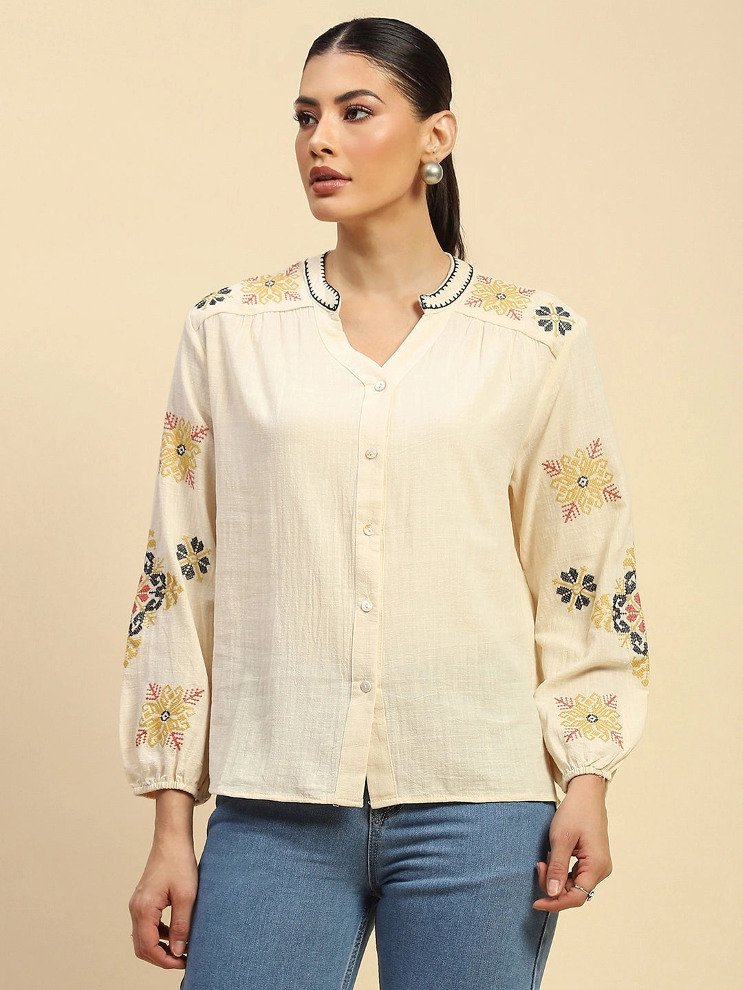 Cream Embroidered Cotton Loose Shirt