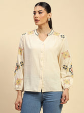 Cream Embroidered Cotton Loose Shirt