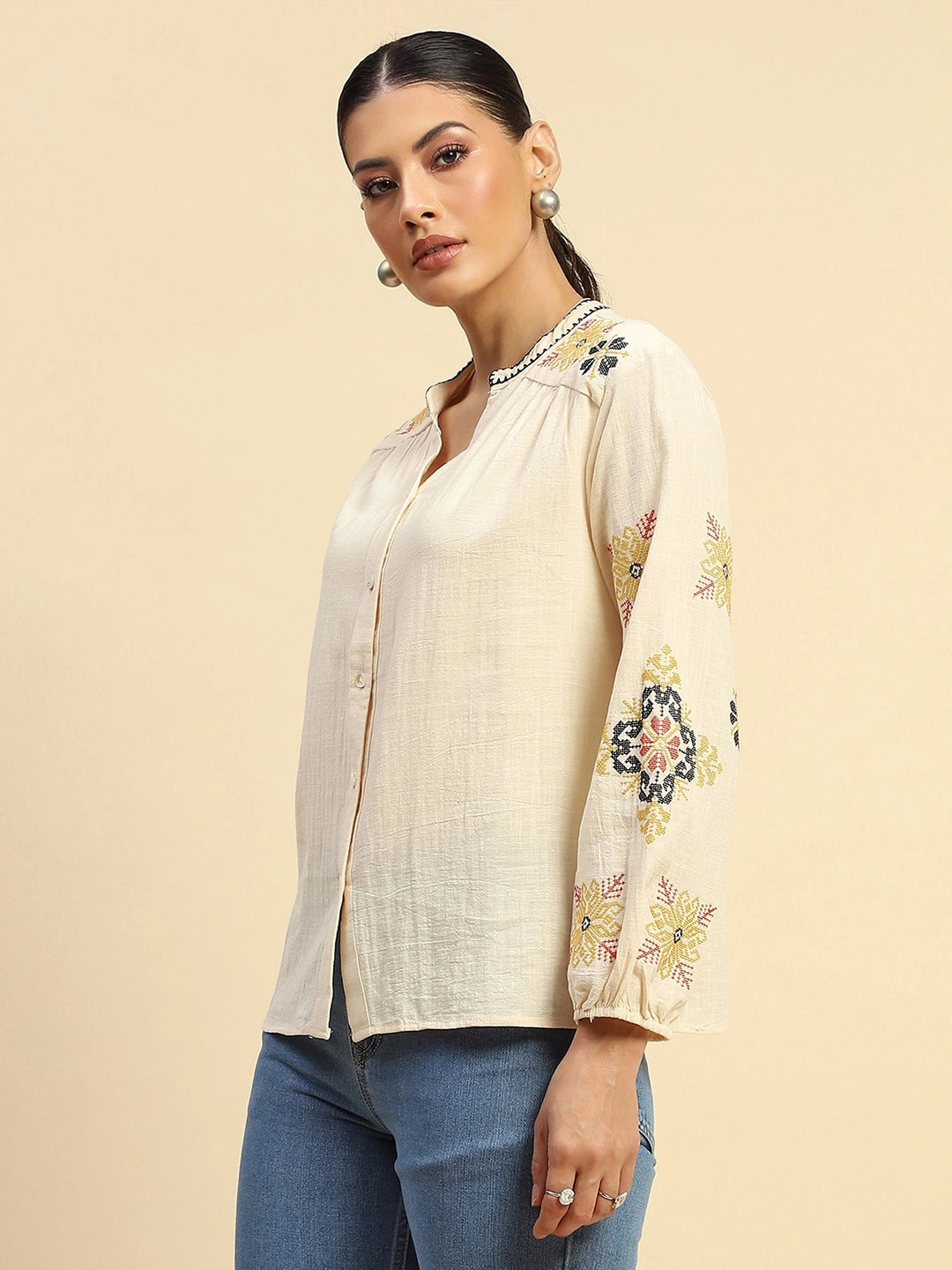 Cream Embroidered Cotton Loose Shirt