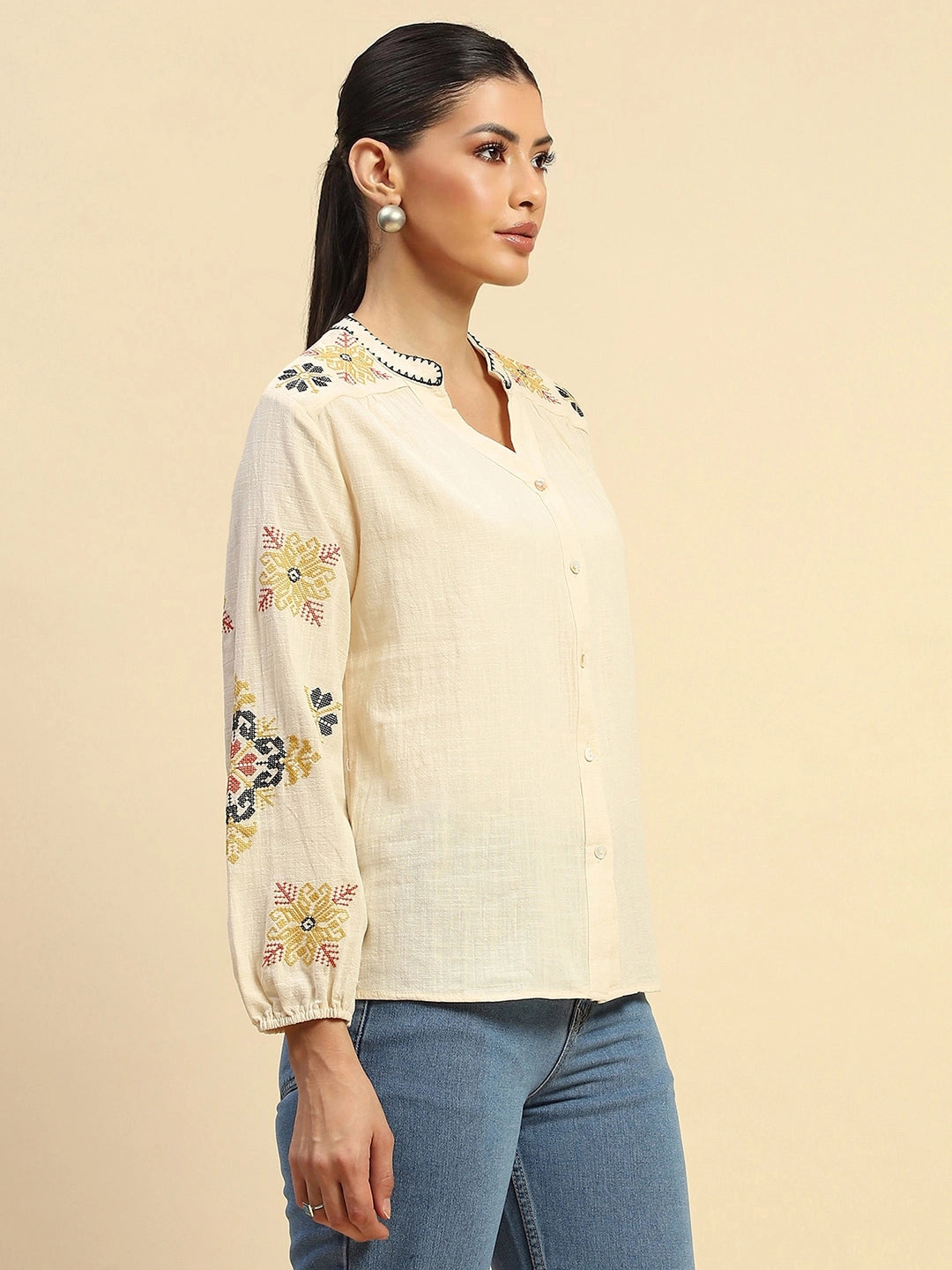 Cream Embroidered Cotton Loose Shirt