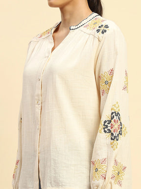 Cream Embroidered Cotton Loose Shirt