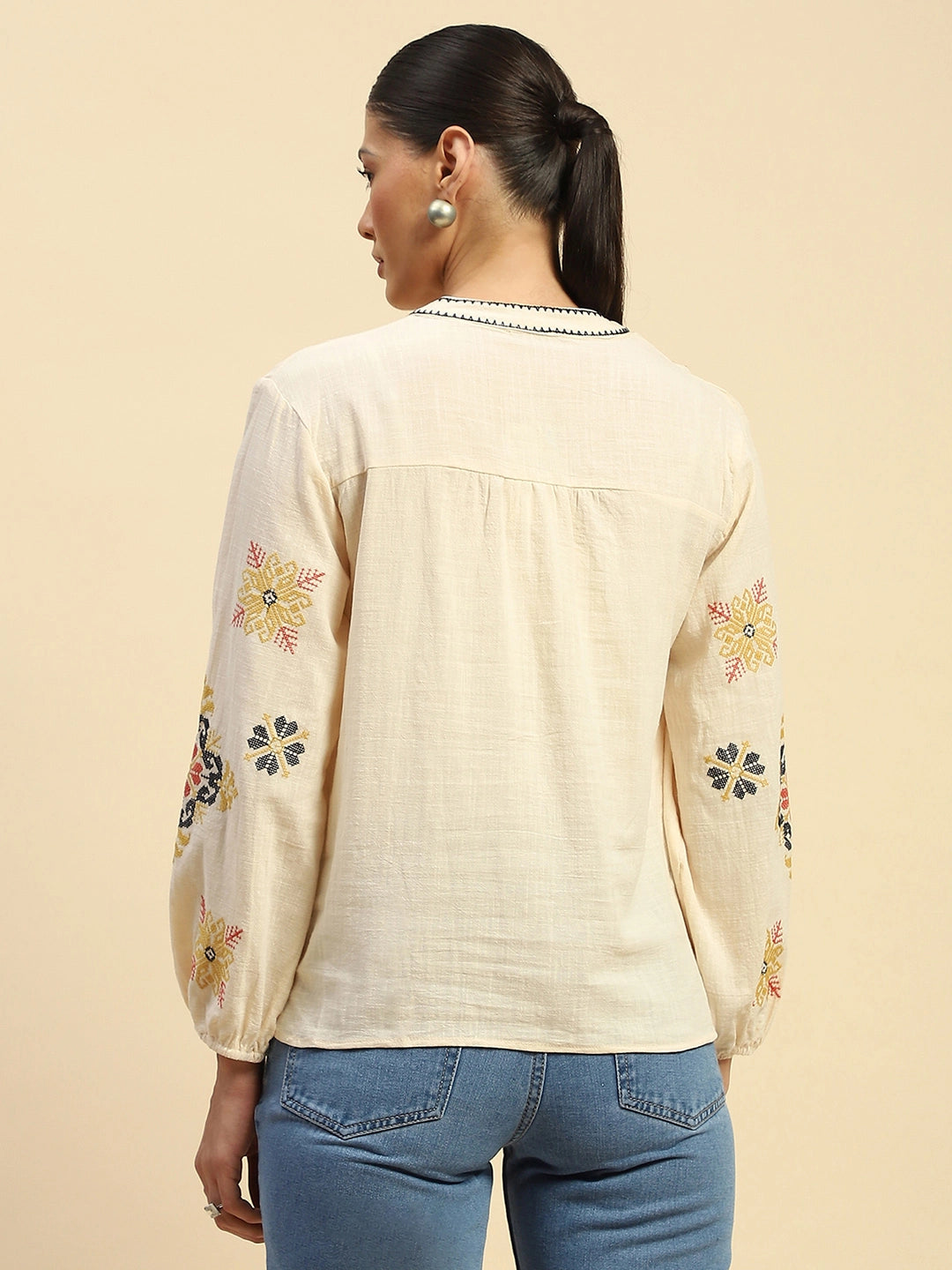 Cream Embroidered Cotton Loose Shirt