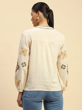 Cream Embroidered Cotton Loose Shirt