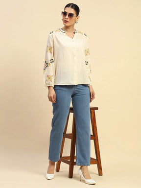 Cream Embroidered Cotton Loose Shirt
