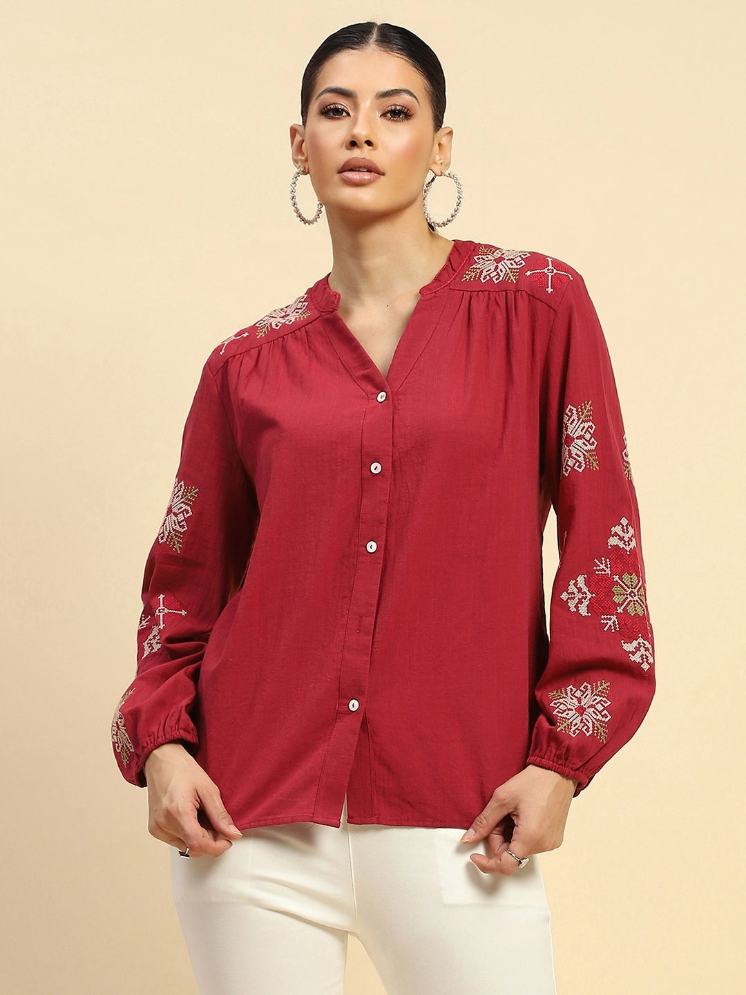Wine Embroidered Cotton Loose Shirt