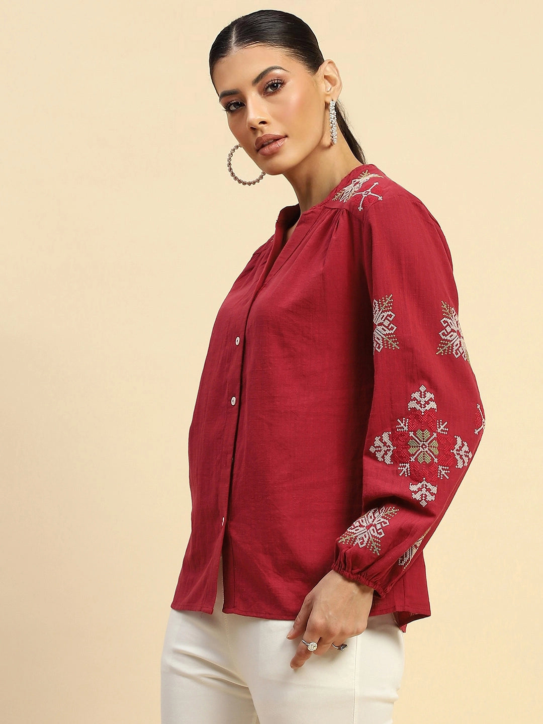 Wine Embroidered Cotton Loose Shirt