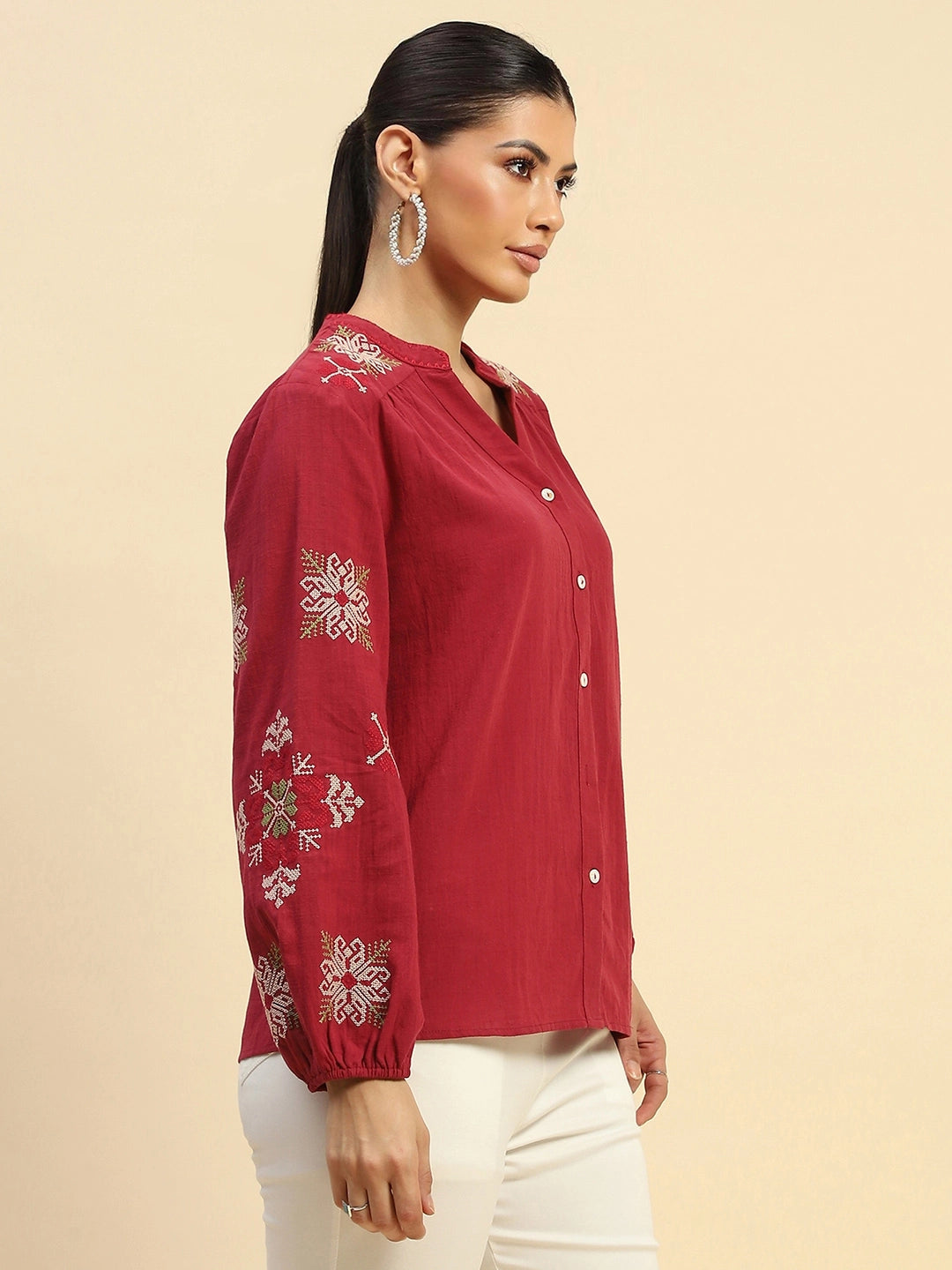 Wine Embroidered Cotton Loose Shirt