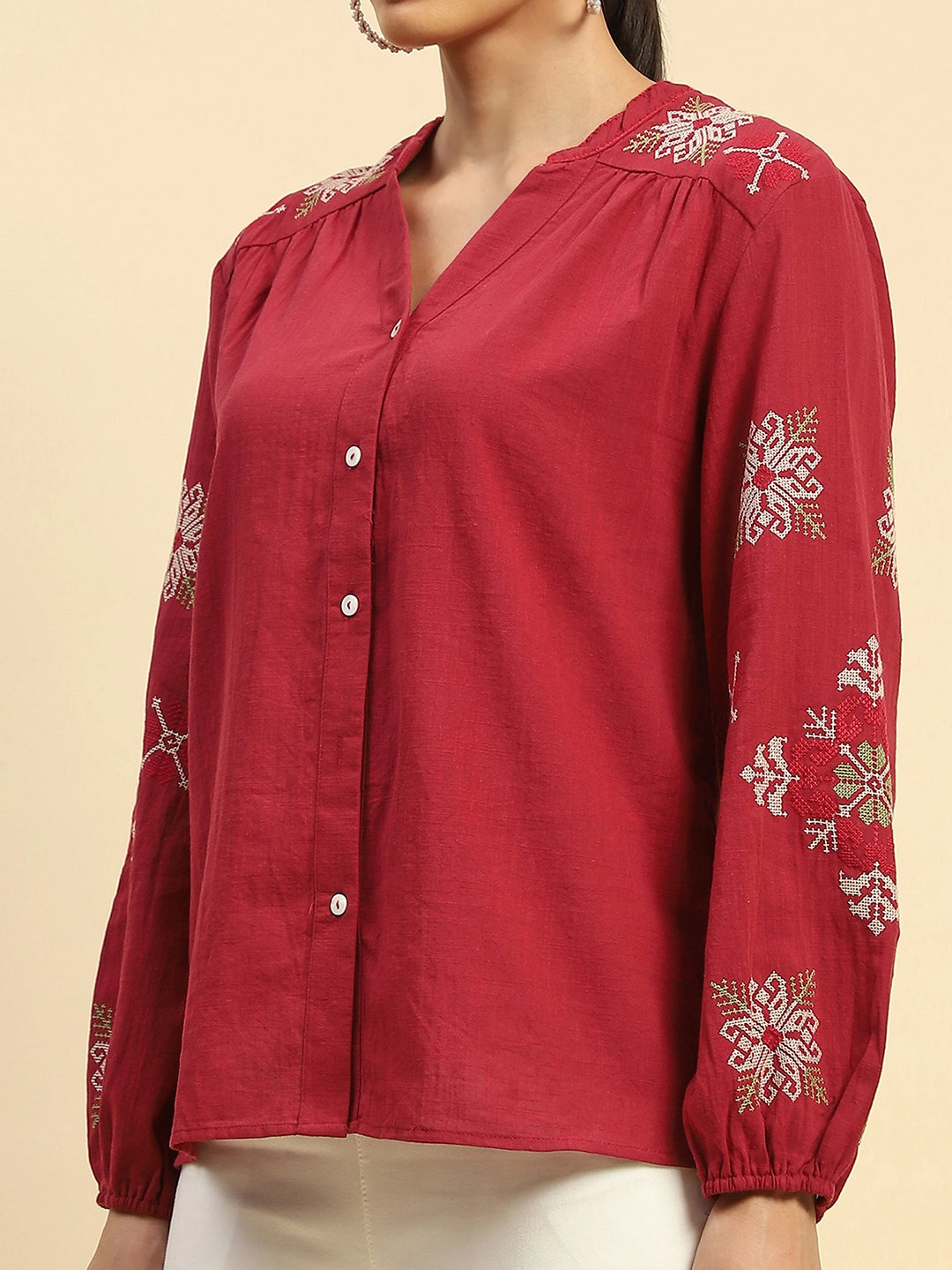 Wine Embroidered Cotton Loose Shirt