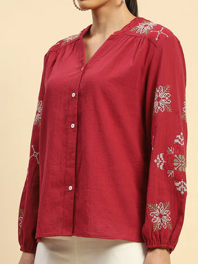 Wine Embroidered Cotton Loose Shirt