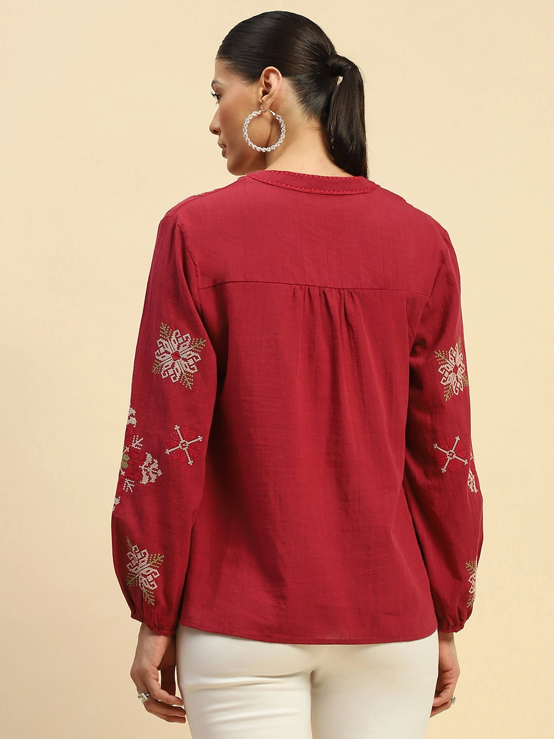 Wine Embroidered Cotton Loose Shirt
