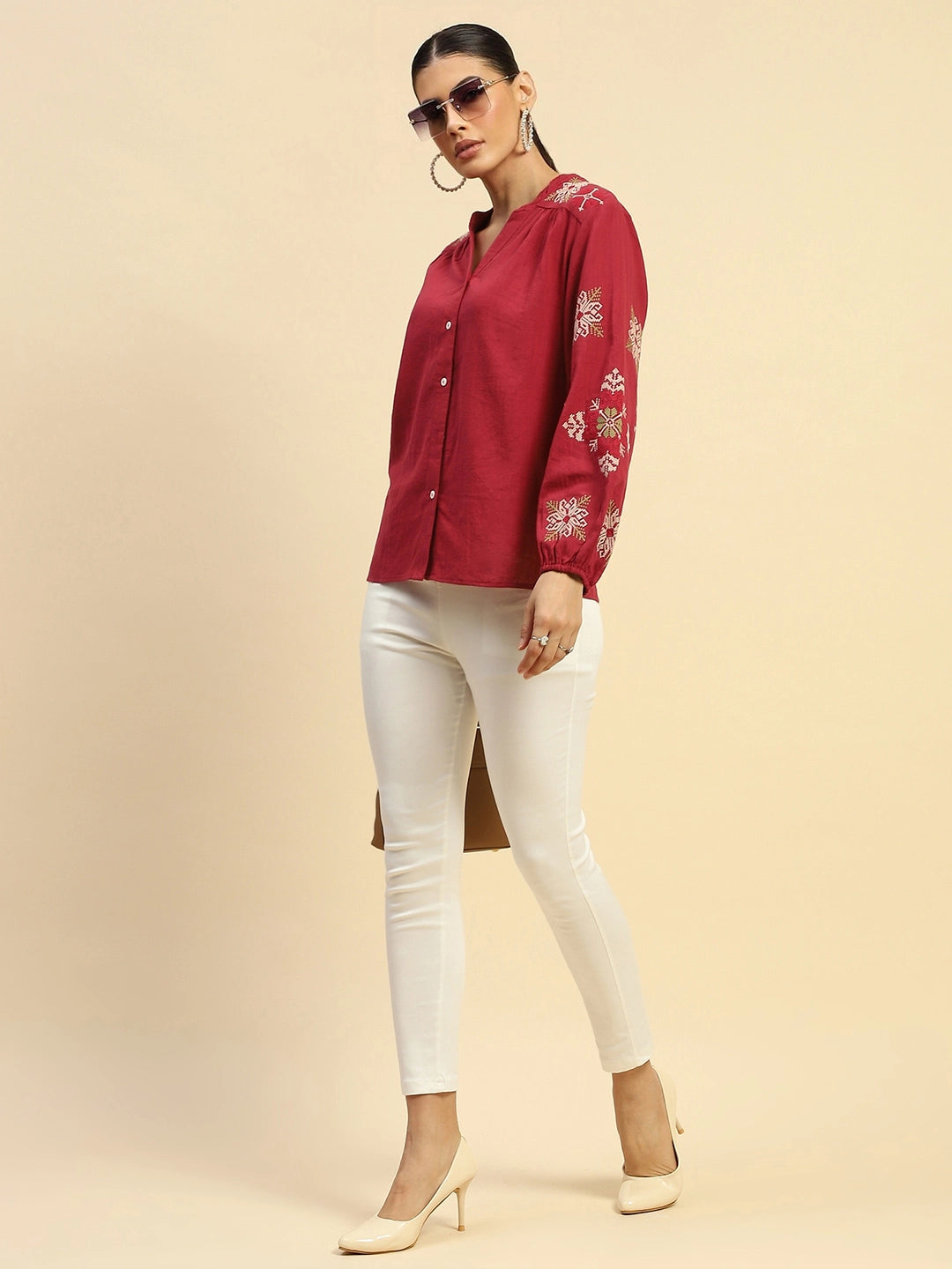 Wine Embroidered Cotton Loose Shirt