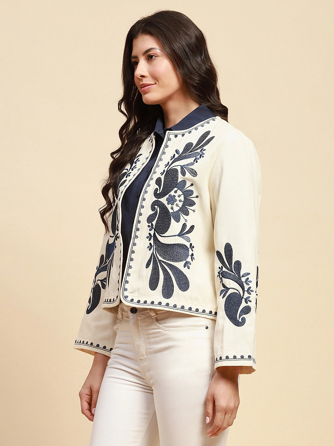 Cream & Blue Cotton Loose Fit Shrug - Global Republic