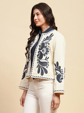 Cream & Blue Cotton Loose Fit Shrug
