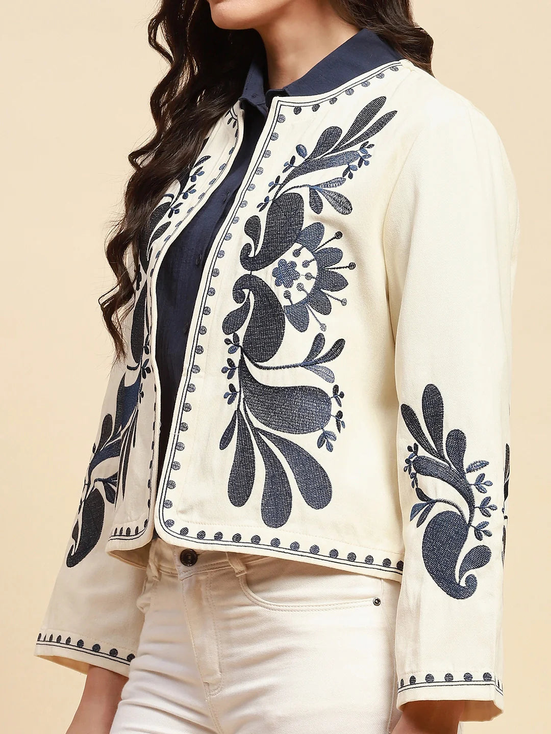 Cream & Blue Cotton Loose Fit Shrug - Global Republic