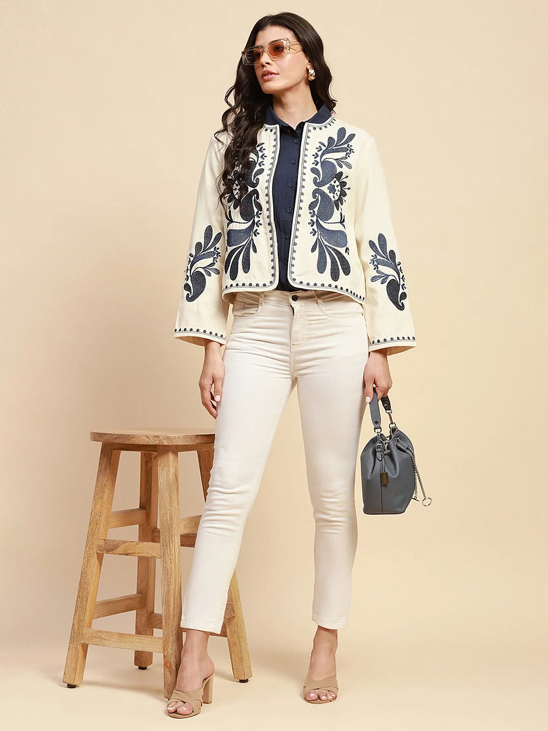 Cream & Blue Cotton Loose Fit Shrug - Global Republic