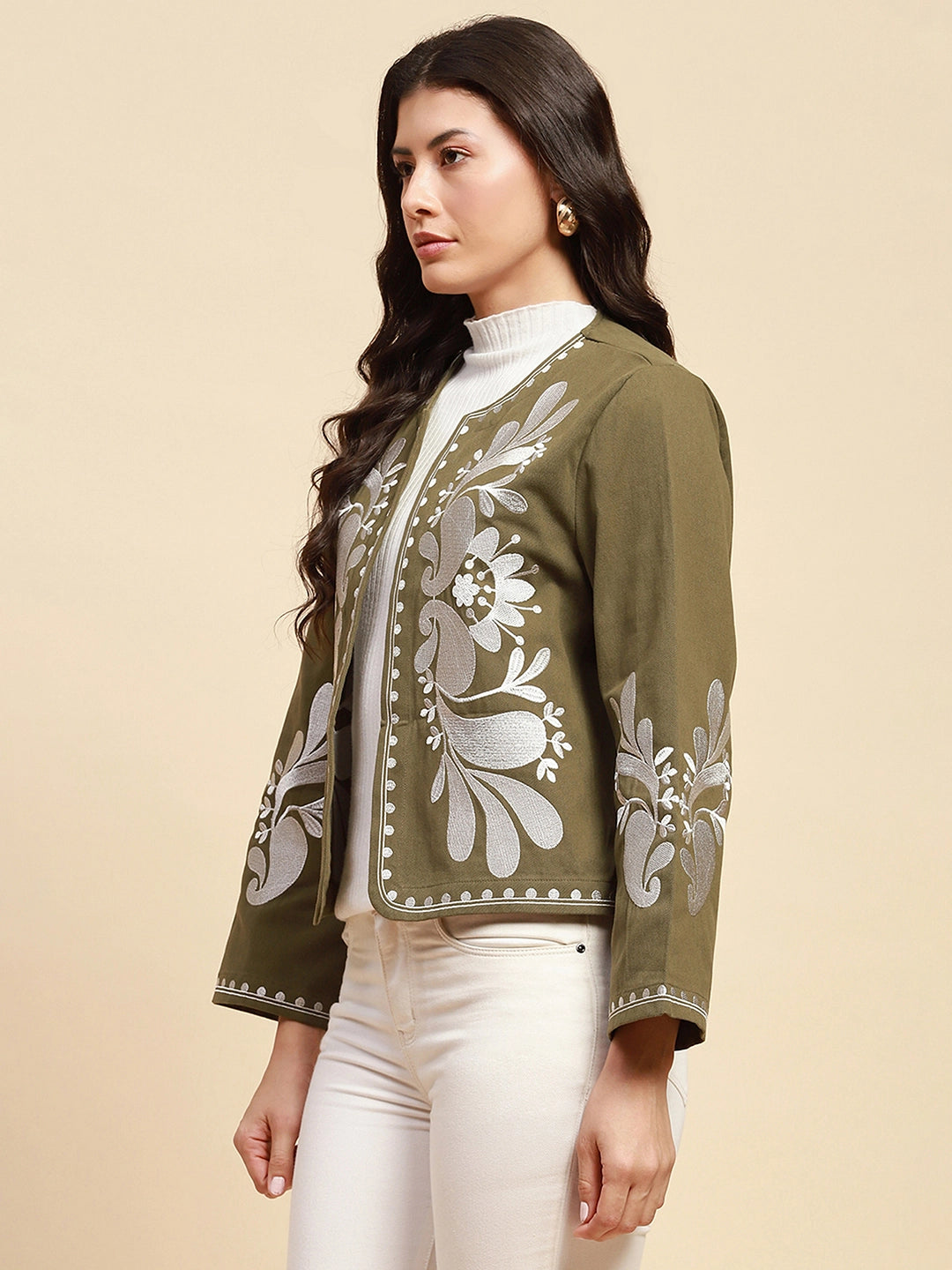 Sage Green Cotton Loose Fit Shrug For Women - Global Republic