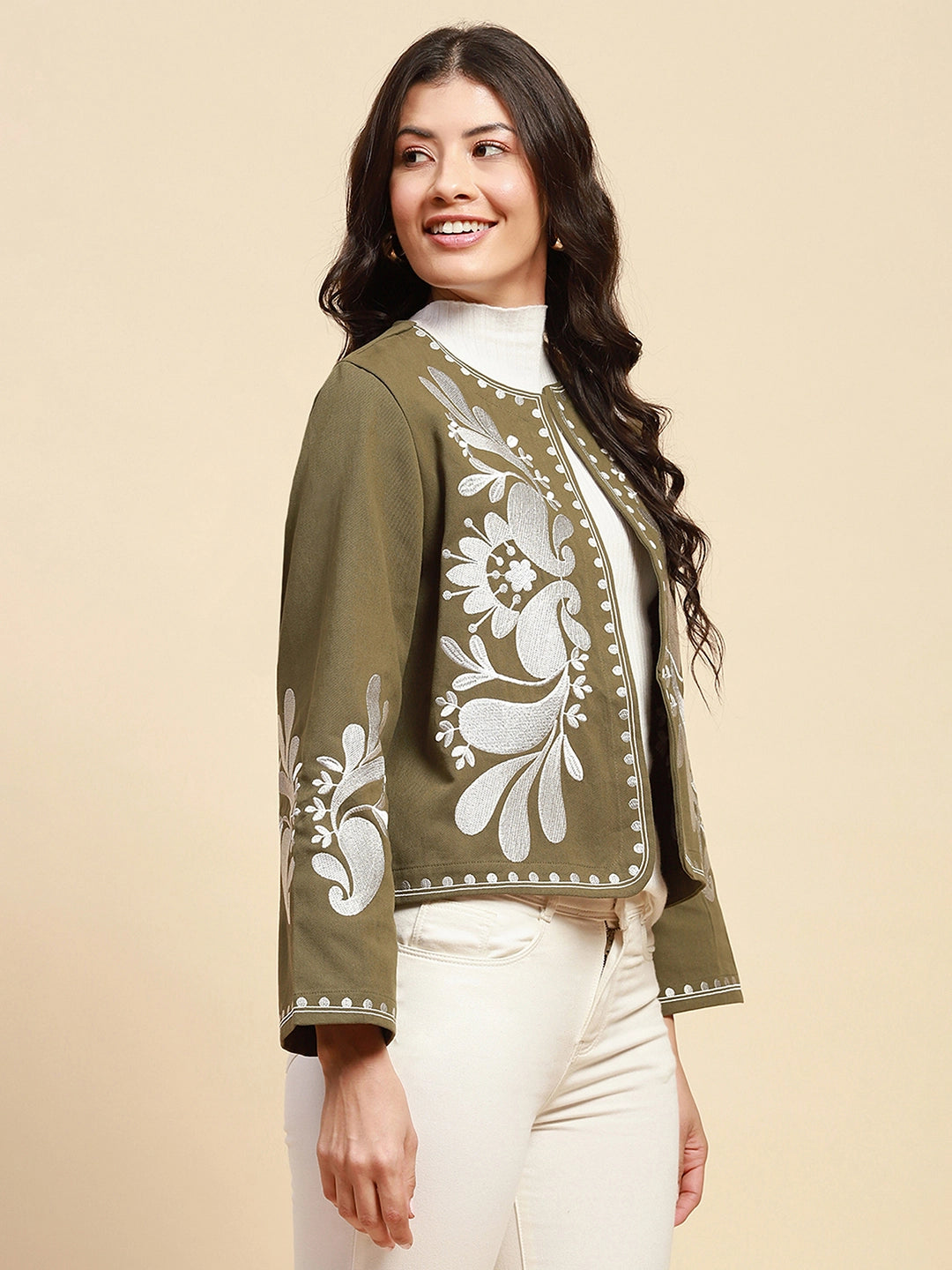 Sage Green Cotton Loose Fit Shrug For Women - Global Republic