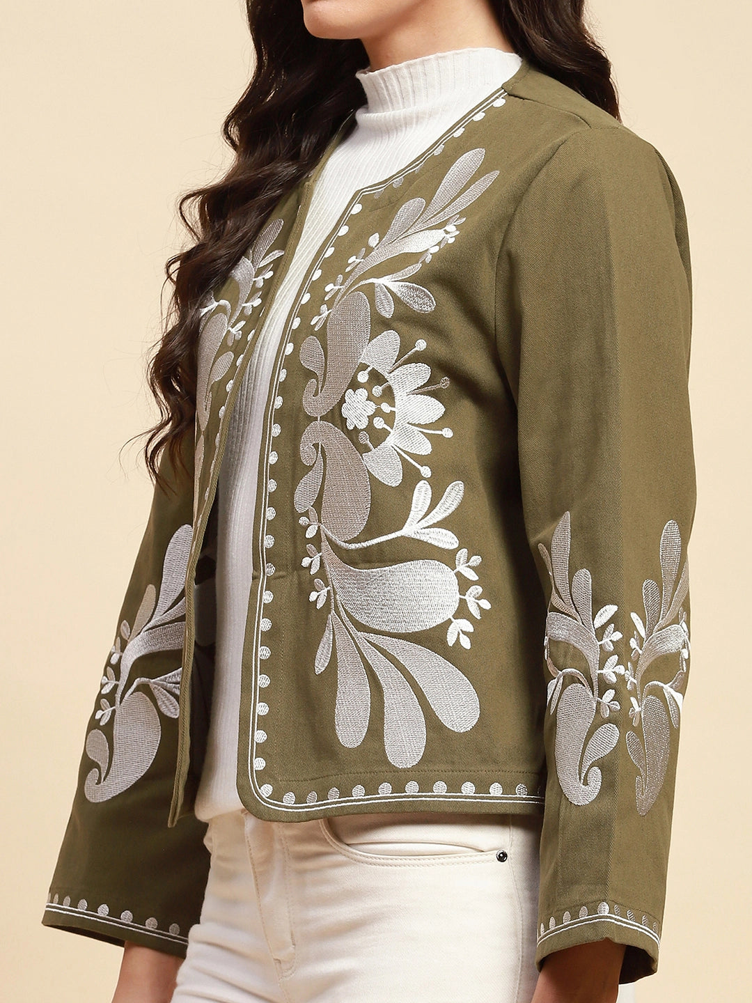 Sage Green Cotton Loose Fit Shrug For Women - Global Republic