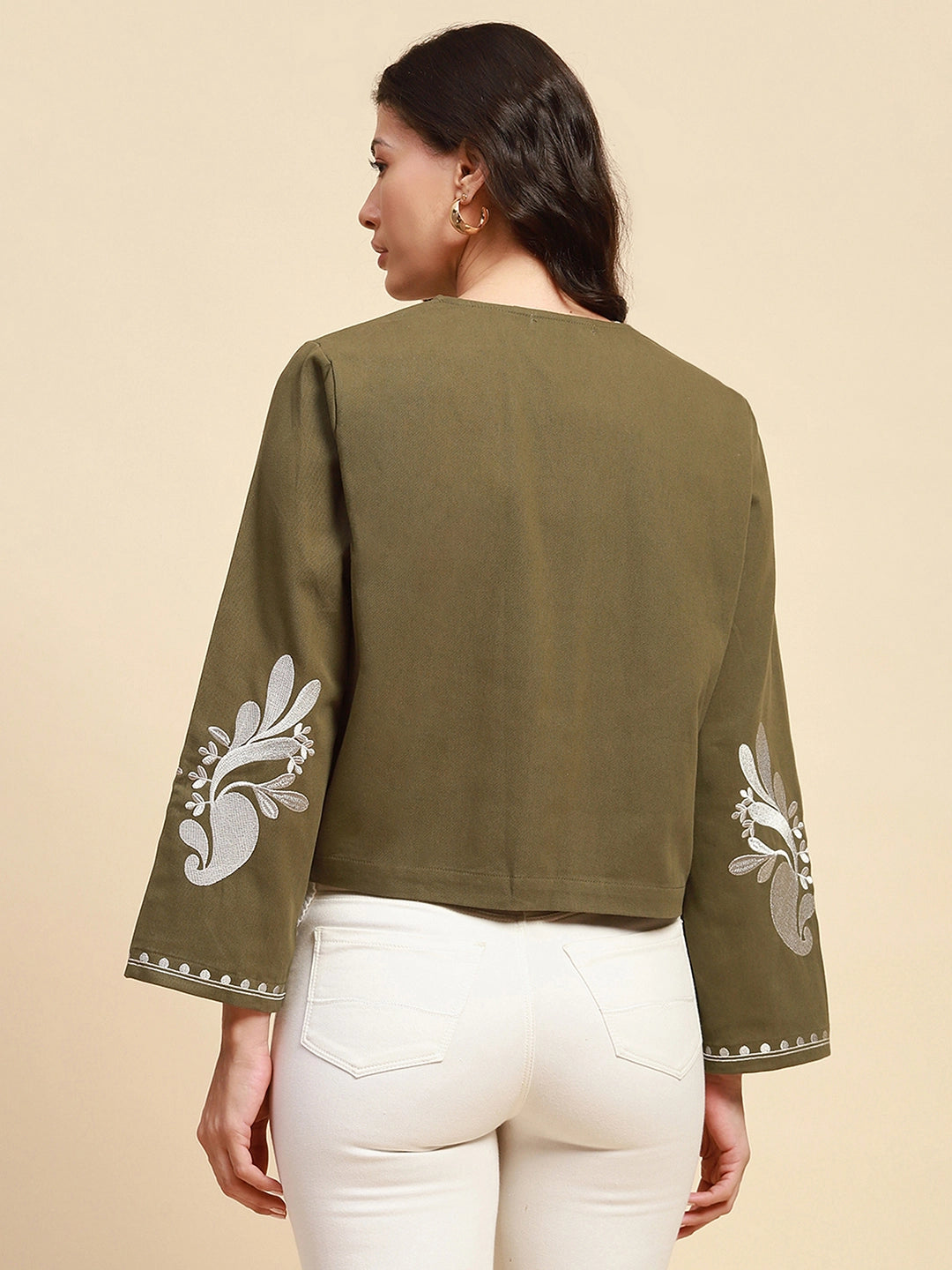 Sage Green Cotton Loose Fit Shrug For Women - Global Republic