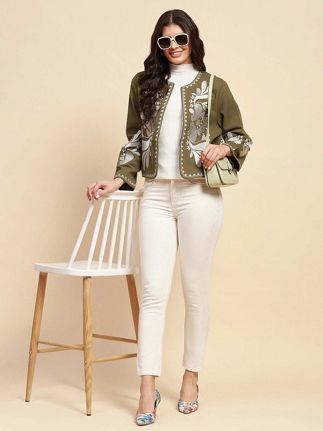 Sage Green Cotton Loose Fit Shrug For Women - Global Republic