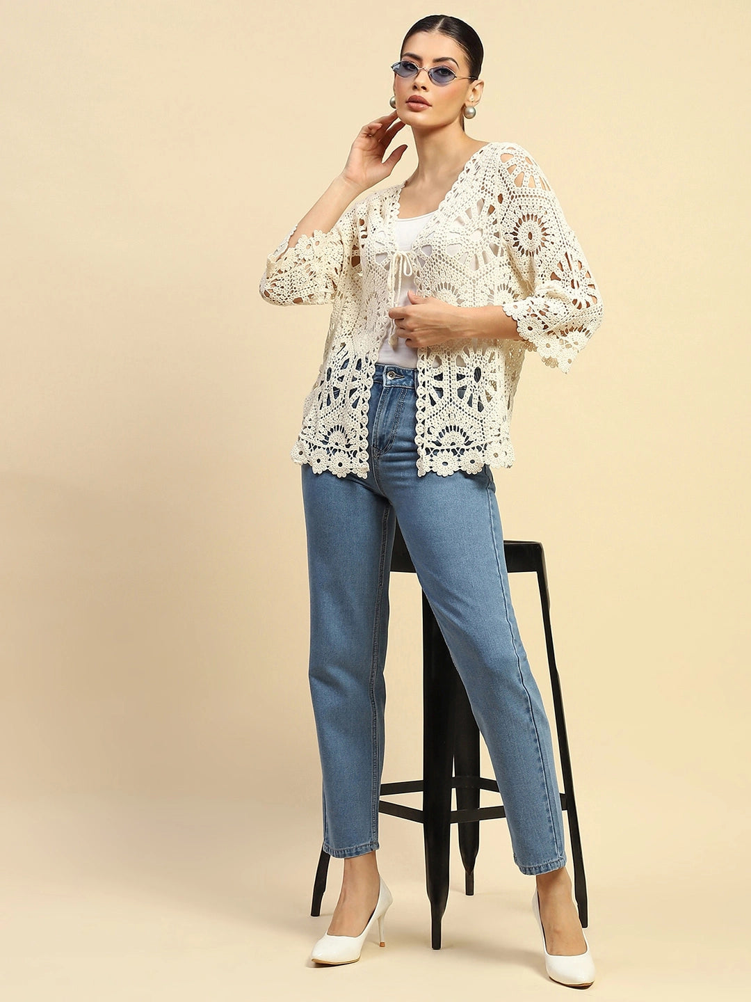 Beige Cotton Loose Fit Shrug For Women - Global Republic