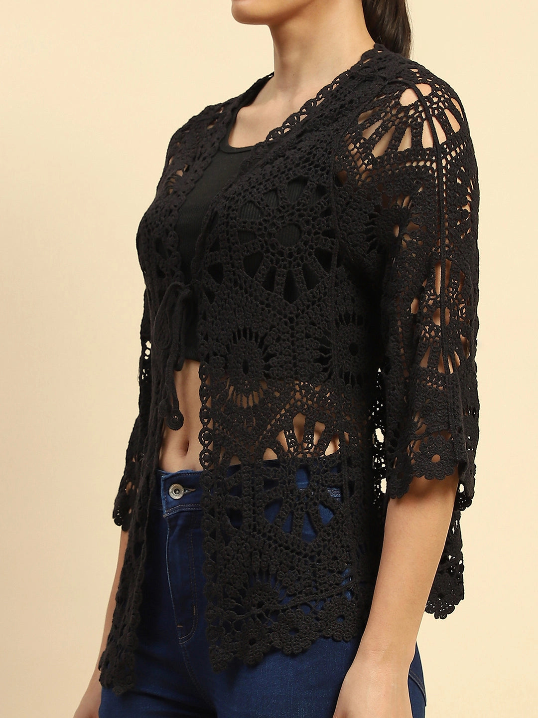 Black Cotton Loose Fit Shrug - Global Republic