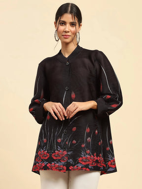 Black Floral Poly Blend Oversized Shirt