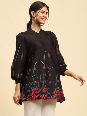 Black Floral Poly Blend Oversized Shirt