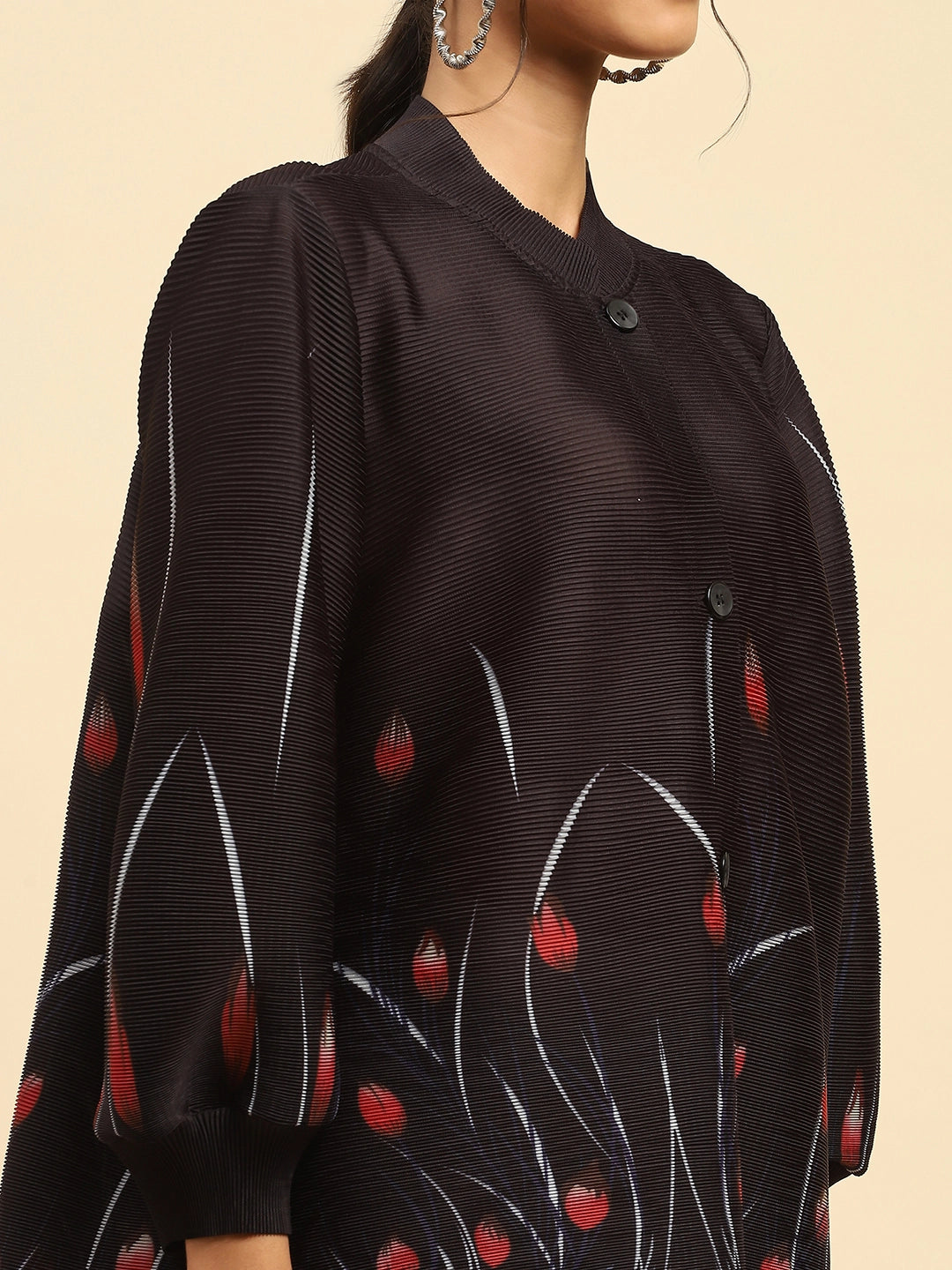 Black Floral Poly Blend Oversized Shirt