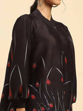 Black Floral Poly Blend Oversized Shirt